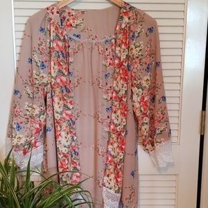 Sheer chiffon floral/lace open front kimono
